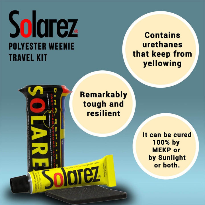 Das Solarez Polyester Weenie Travel Kit von Solarez enthält UV-härtendes Harz, eine gelbe Tube und schwarzes Schleifpapier. Es ist vergilbungsbeständig, widerstandsfähig und härtet schnell mit MEKP oder Sonnenlicht aus - für schnelle Boardreparaturen überall.
