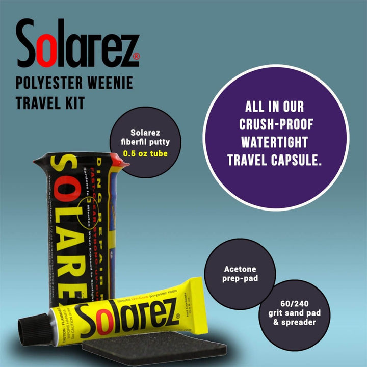 Das Solarez Polyester Weenie Travel Kit von Solarez ist ideal für Boardreparaturen. Es enthält UV-härtendes Harz, eine 0,5 oz Fiberfill-Spachteltube, ein Aceton-Vorbereitungspad und ein Sandpad mit 60/240er Körnung in einer bruchsicheren, wasserdichten Kapsel.