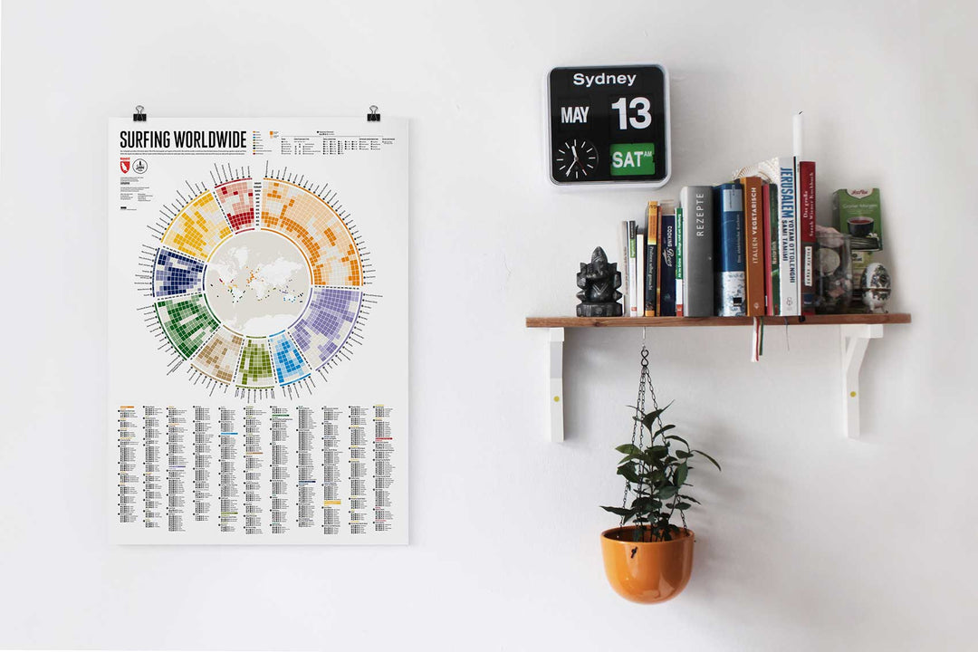 Eine Wand mit dem Surf-Führer Get Wet Soon - Surf Infografik von Get Wet Soon, eine schwarz-weiße Uhr, die den 13. Mai, Samstag, in Sydney anzeigt, ein Regal mit Büchern und Dekorationsartikeln und eine orangefarbene Hängepflanze unter dem Regal.