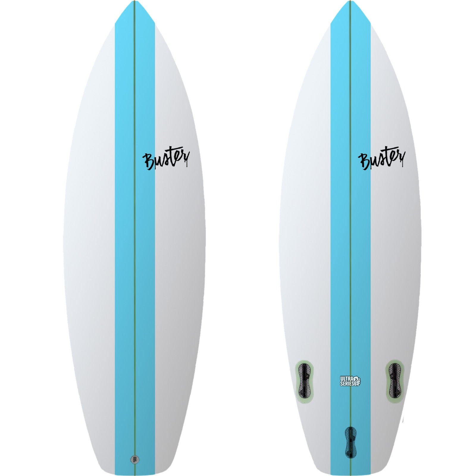 Zwei Ansichten des Buster-Surfboards C2-Type 5'6 Ultra Series Surfboards in weiß mit breitem hellblauem Mittelstreifen, Buster-Branding in schwarz oben links, extra Heckbereich und sichtbaren Finnenschlitzen auf der Unterseite.