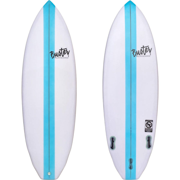 Das Bild zeigt die Vorder- und Rückseite eines weißen Buster-Surfboards FX-Type 5&