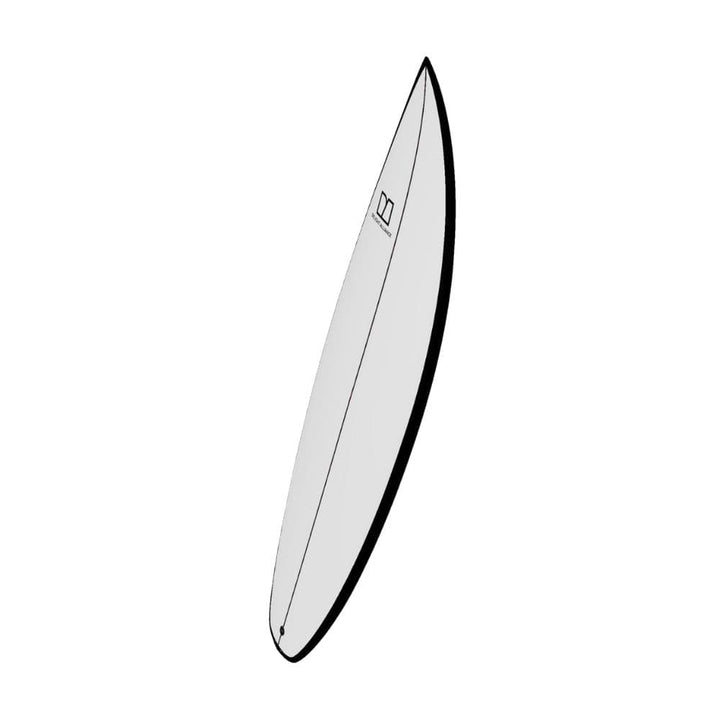 Das Delight Alliance - Wildcat ist ein weißes High-Performance-Shortboard mit spitzer Nose, schwarzer Kantenumrandung und einem rechteckigen Logo im oberen Bereich, das auf einem schlichten weißen Hintergrund abgebildet ist - perfekt für das Surfen auf Flüssen oder Flußwellen.