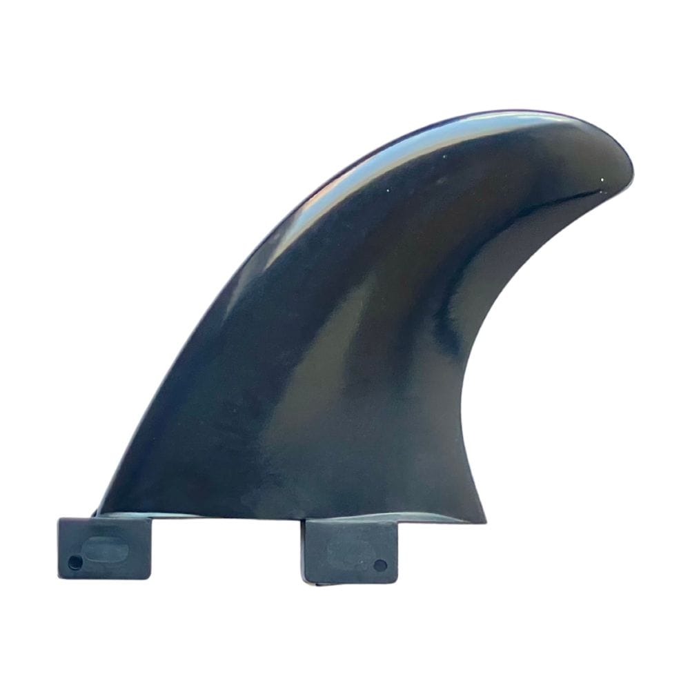 Das Rapid Surf Shop Surfboard Finnen - Ersatzfinne XXS FCSI ist eine einzelne schwarze Finne mit einem geschwungenen Design und zwei rechteckigen Laschen, ideal zum Fluss-Surfen oder für stehende Wellen, abgebildet auf einem schlichten weißen Hintergrund.