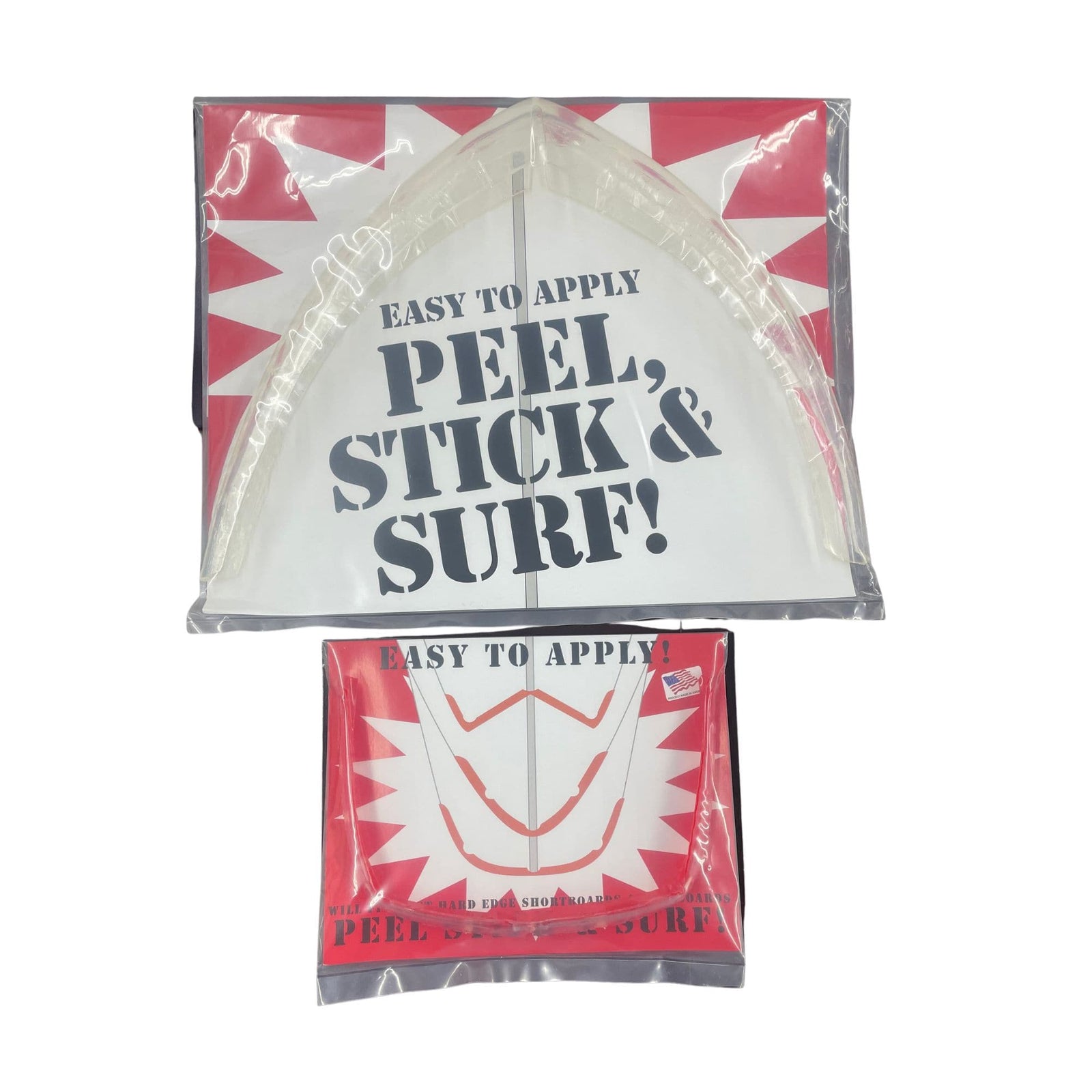 Zwei Pakete von Rapid Surf Shop's Surfboard Guard Bundle (groß) mit roten und weißen Traction Pads. Auf der größeren Packung steht "Easy to apply: Peel, Stick, & Surf!" Beide sind in klarem Plastik versiegelt, um das Surfbrett zu schützen.