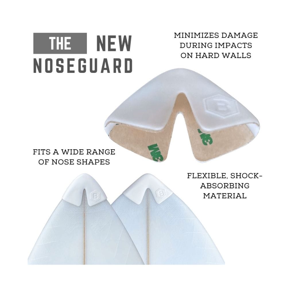 Der Buster-Surfboards Buster Surfboards Noseguard, abgebildet in weiß und flexibel mit einem V-förmigen Ausschnitt, passt auf verschiedene Boardnasen, verwendet stoßabsorbierendes Material und hilft, Schäden durch Aufprall auf harte Wände zu minimieren.