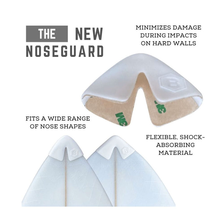 Der Buster-Surfboards Buster Surfboards Noseguard, abgebildet in weiß und flexibel mit einem V-förmigen Ausschnitt, passt auf verschiedene Boardnasen, verwendet stoßabsorbierendes Material und hilft, Schäden durch Aufprall auf harte Wände zu minimieren.
