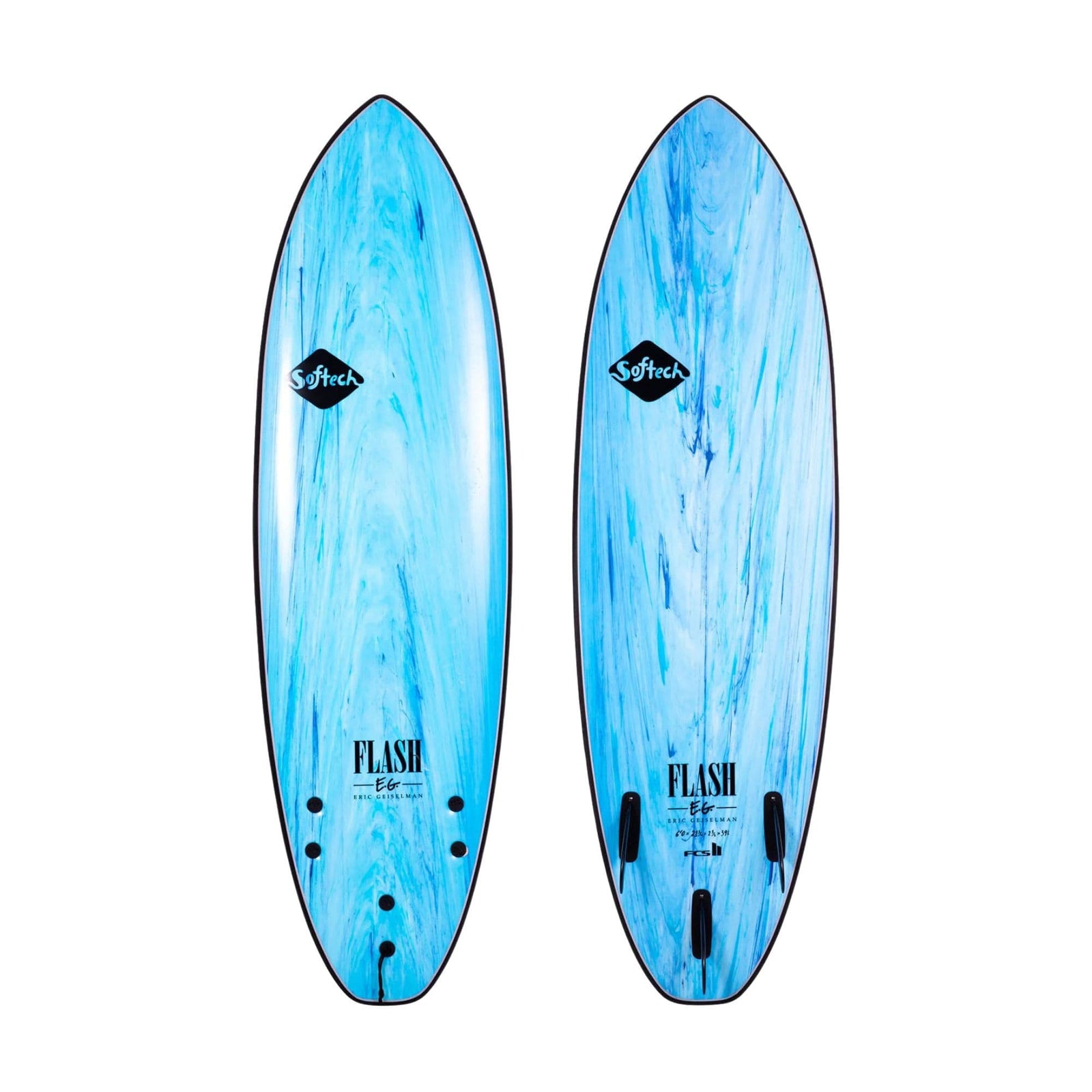 Abgebildet sind zwei blaue Softtech - Flash Eric Geiselman 5'0 Softboards, eines von oben nach unten und eines von unten nach oben. Sie weisen ein marmoriertes blaues Muster, schwarze Kanten und das Softtech-Logo auf - ideal für Flusssurfing und Flusswellen-Abenteuer.