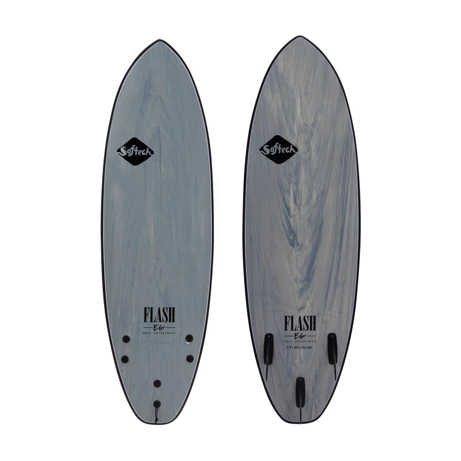 Abgebildet sind zwei Softtech - Flash Eric Geiselman 5'0 Boards, jeweils grau-blau mit dezenter Marmorierung. Beide tragen oben das Softtech-Logo und unten das Flash-Branding - ideal für Flusswellen oder Riversurfing-Abenteuer.