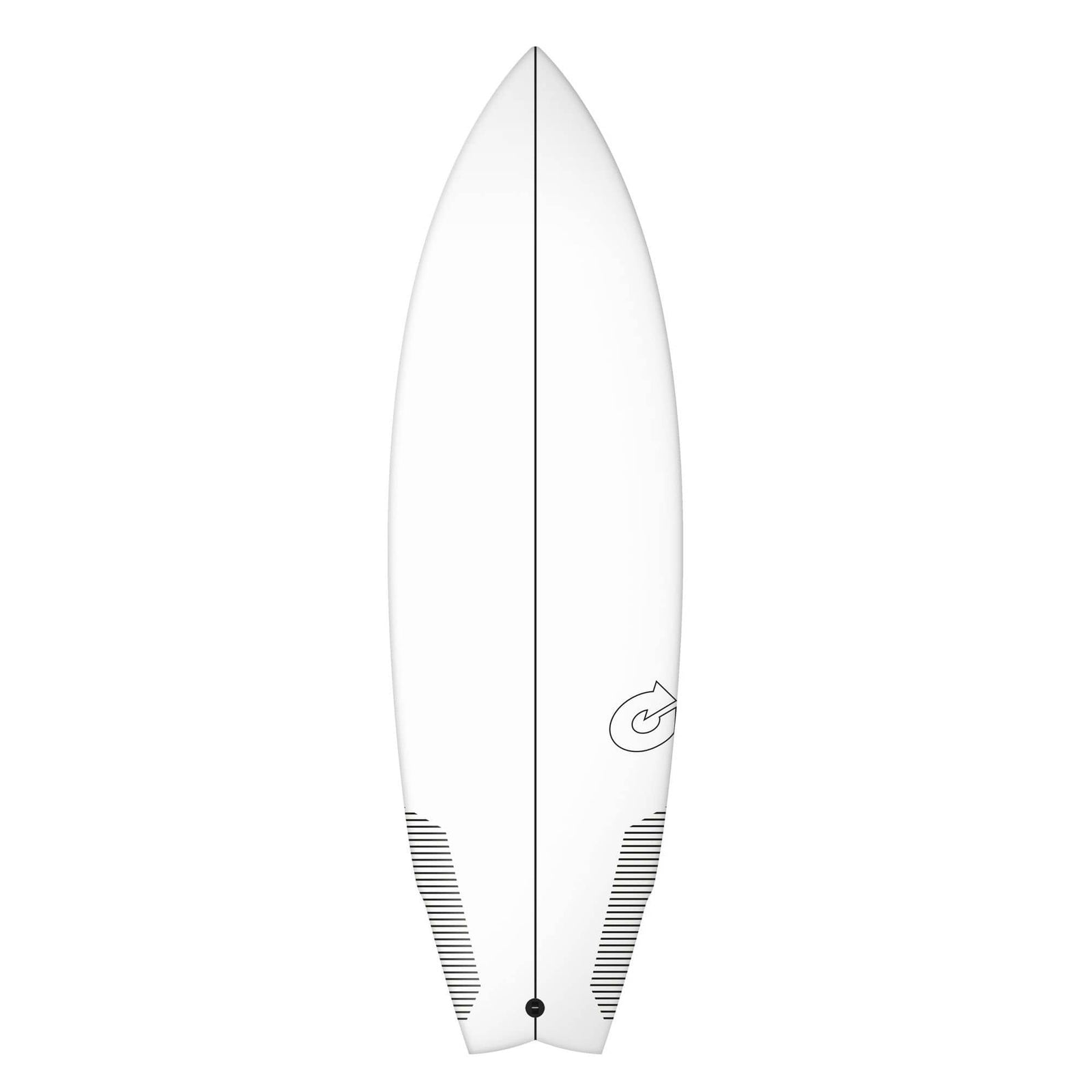 Das Torq Surfboard TORQ TEC RVR River Surf ist ein weißes Board mit spitzer Nose, schwarzer Mittellinie, schwarzen Diagonalstreifen im Heckbereich und einem kleinen, runden Logo - ideal für das Fahren der Eisbach stehenden Welle.