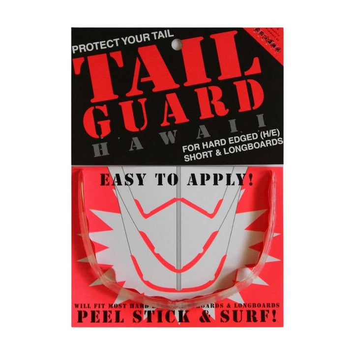 SurfCo Hawaii - Surfbrett Heckschutz: Ein verpackter Surfboard-Heckschutz von SurfCo Hawaii mit auffälligem roten und weißen Text auf Schwarz. Inklusive durchsichtiger Tailguard-Teile und "Peel Stick &amp; Surf!"-Anleitung - perfekt als Nasenschutz für Longboards.