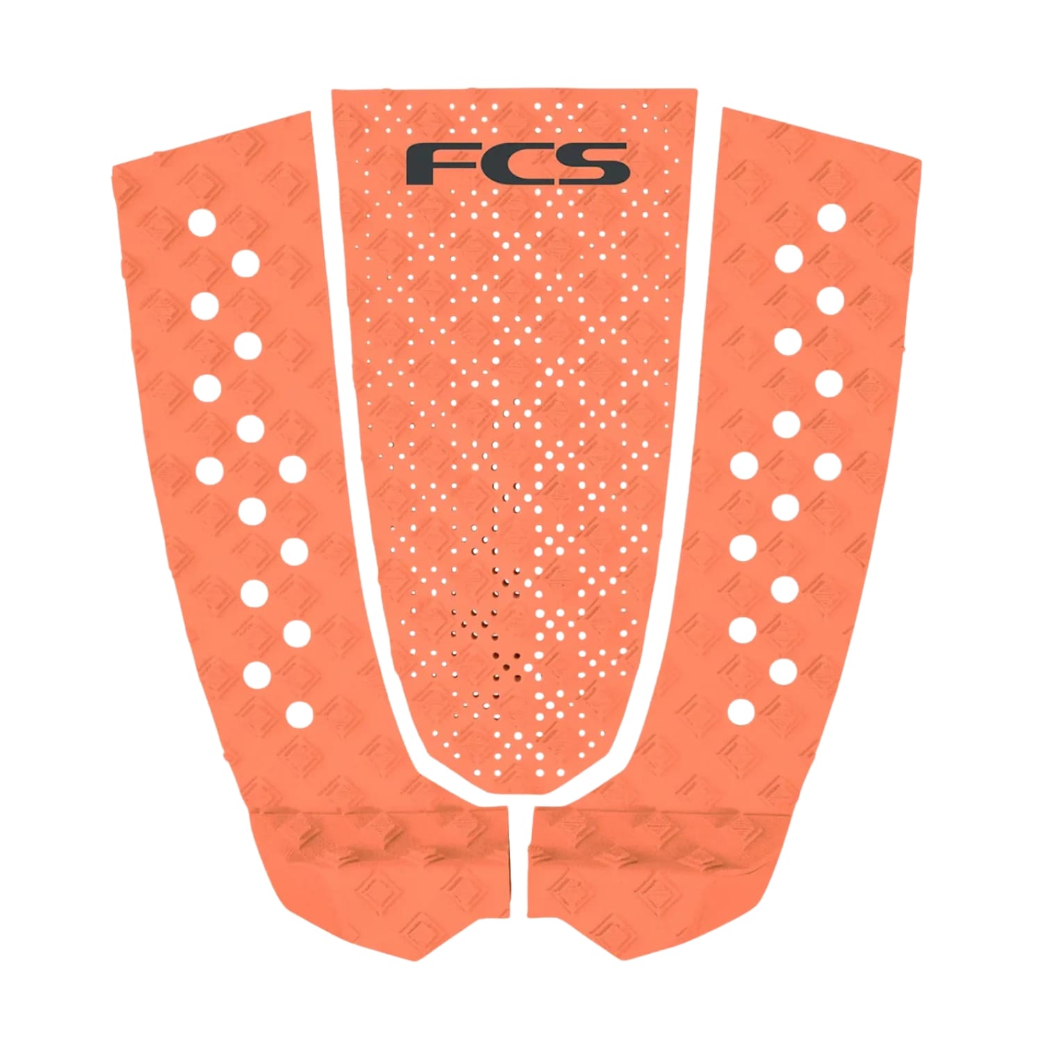 Das FCS T-3 Eco Eclipse Tailpad ist ein dreiteiliges, orangefarbenes Surfboardpad aus nachhaltigem Zuckerrohrschaum mit runden Löchern an den Außenseiten und einem schwarzen FCS-Logo in der oberen Mitte.