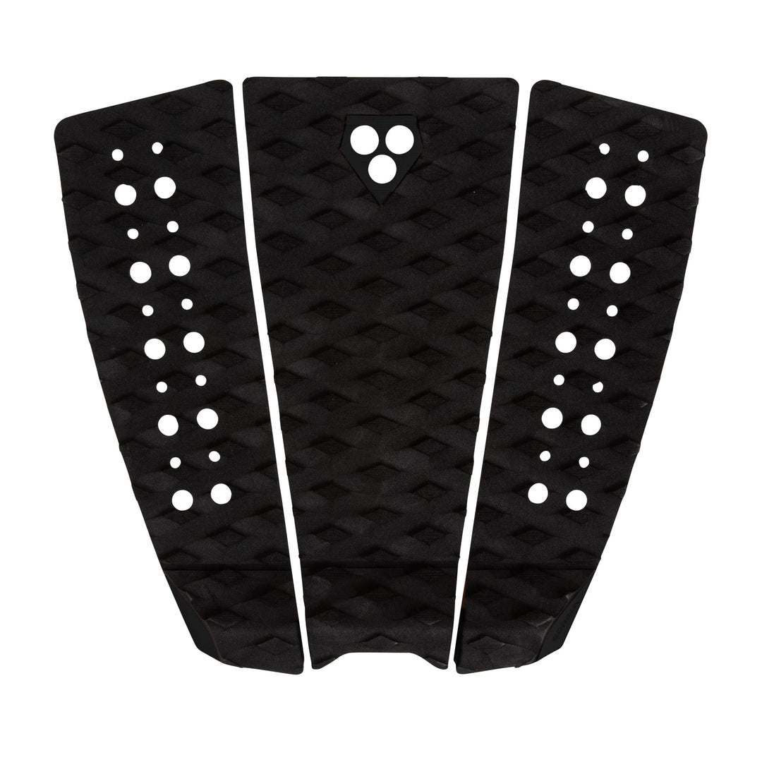 Das Gorilla Grip - Phat Three Tailpad (schwarz) von Gorilla ist ein schwarzes, dreiteiliges Tailpad mit Diamantrillen für die Traktion, kreisförmigen Grifflöchern an den Seiten und einem erhöhten Mittelbogen, abgebildet auf weißem Hintergrund.