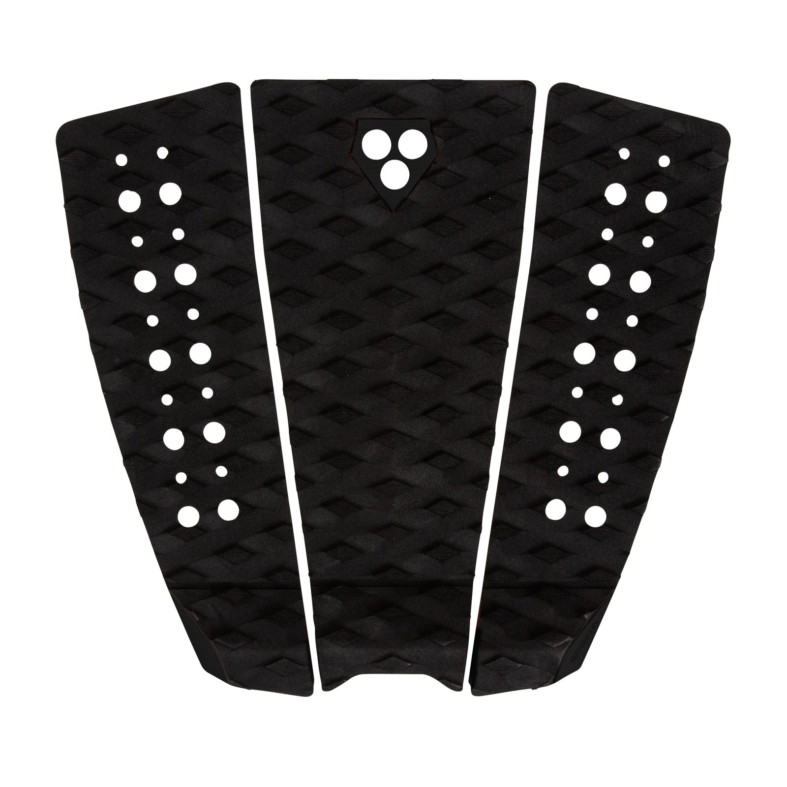 Das Gorilla Grip - Phat Three Tailpad (schwarz) von Gorilla ist ein schwarzes, dreiteiliges Tailpad mit Diamantrillen für die Traktion, kreisförmigen Grifflöchern an den Seiten und einem erhöhten Mittelbogen, abgebildet auf weißem Hintergrund.