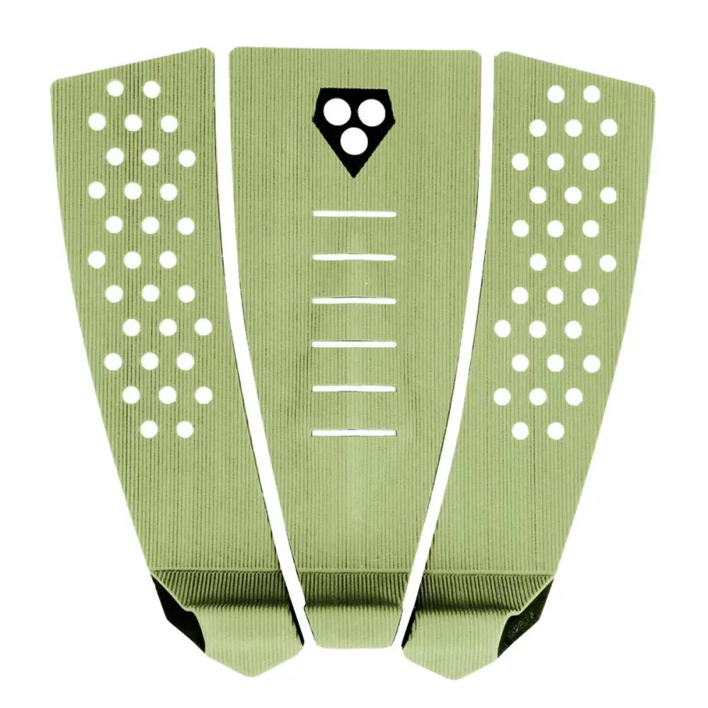 Drei Gorilla Grip - Skinny Three Tailpad Teile in Bay Leaf/Schwarz sind nebeneinander abgebildet. Die beiden äußeren Pads haben Reihen von weißen Löchern, während das mittlere Pad das schwarze Gorilla-Logo und horizontale Rillen aufweist.