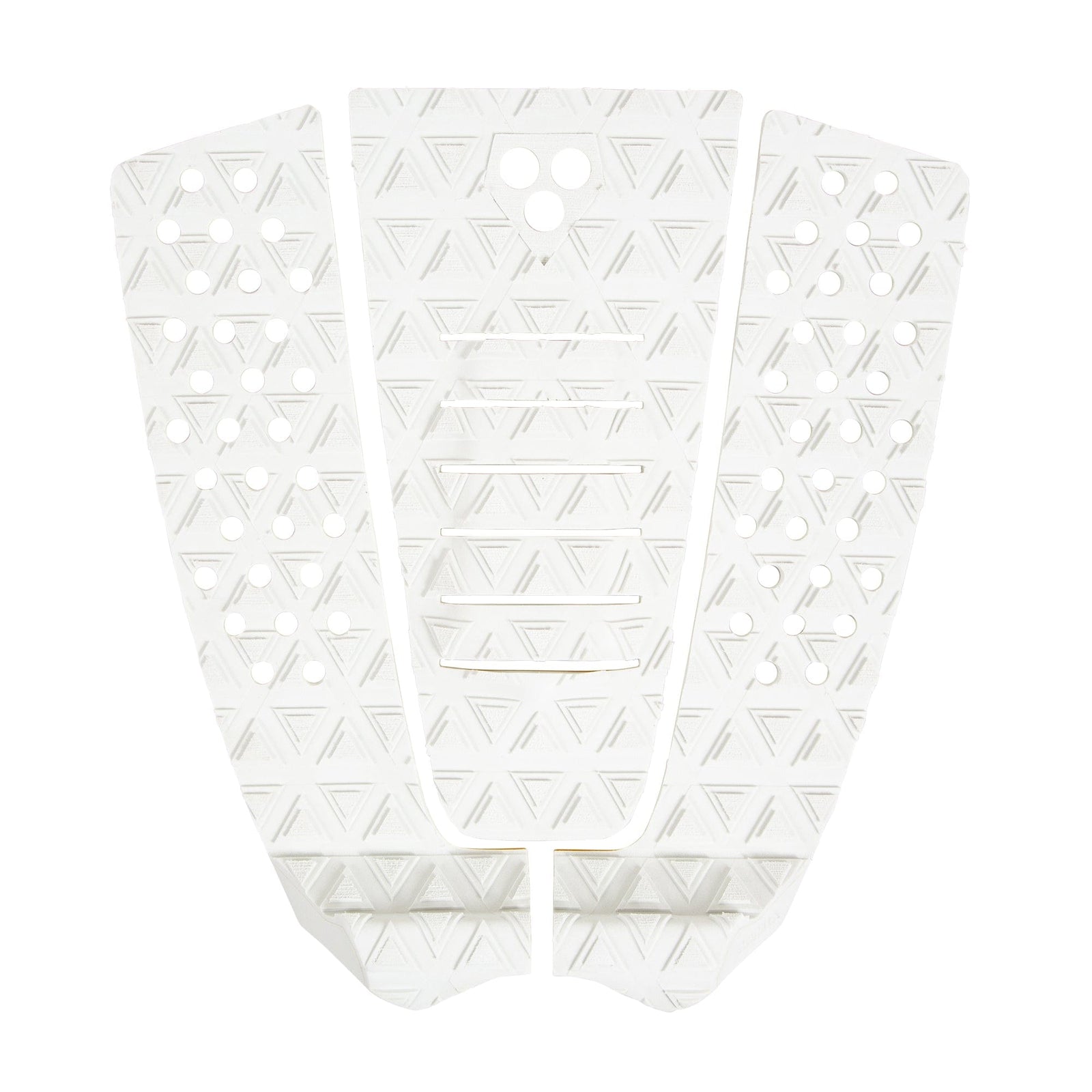Drei weiße Gorilla Grip - The Jane Tailpads (Cloud) von Gorilla mit geometrischen Dreiecksmustern und kreisförmigen Löchern sind nebeneinander auf einem weißen Hintergrund angeordnet und sorgen für eine hervorragende Boardkontrolle.