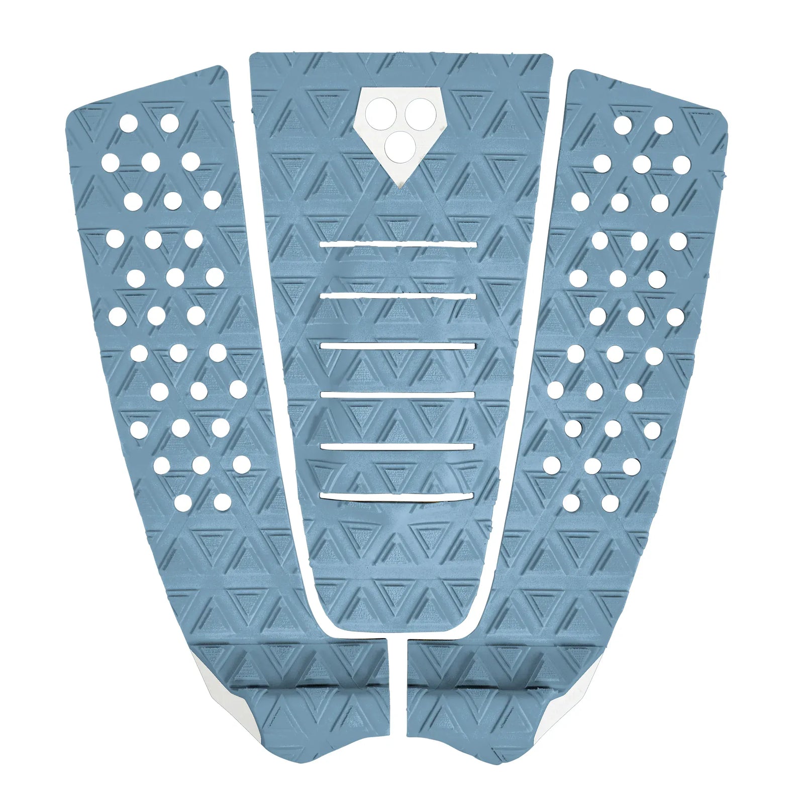 Das Gorilla Grip - The Jane Tailpad (Marine Teal / Cloud) von Gorilla ist ein dreiteiliges Surfpad mit einem strukturierten dreieckigen Muster, kreisförmigen Grifflöchern, horizontalen Rillen und einem erhöhten Mittelbogen.