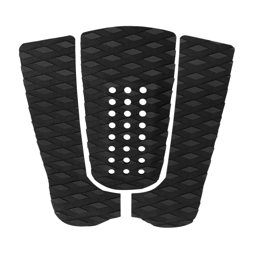 Das Rapid Surf Shop Surfboard Tailpad - schwarz enthält drei Grip Pads: zwei mit Rautenmuster und ein mittleres Pad mit Rautenmuster und kleinen runden Löchern. Vertikal angeordnet, liefern sie rutschfeste Oberfläche für hervorragende Traktion.