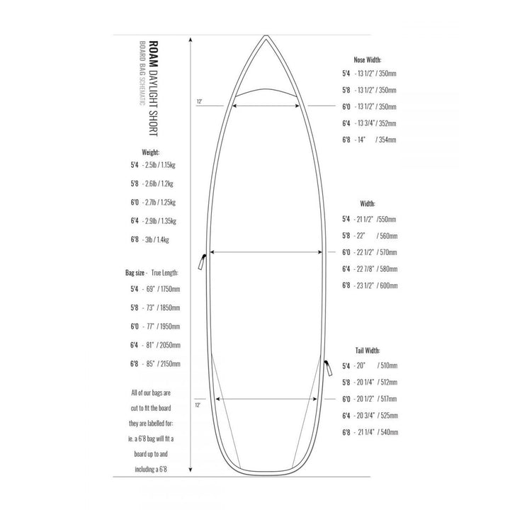 Schwarz-Weiß-Diagramm eines Surfbretts mit beschrifteten Maßen und einer Tabelle mit den Größen, Maßen und Gewichten der ROAM Boardbag Surfboard Daylight Shortboard von Roam für jedes Boardbag.