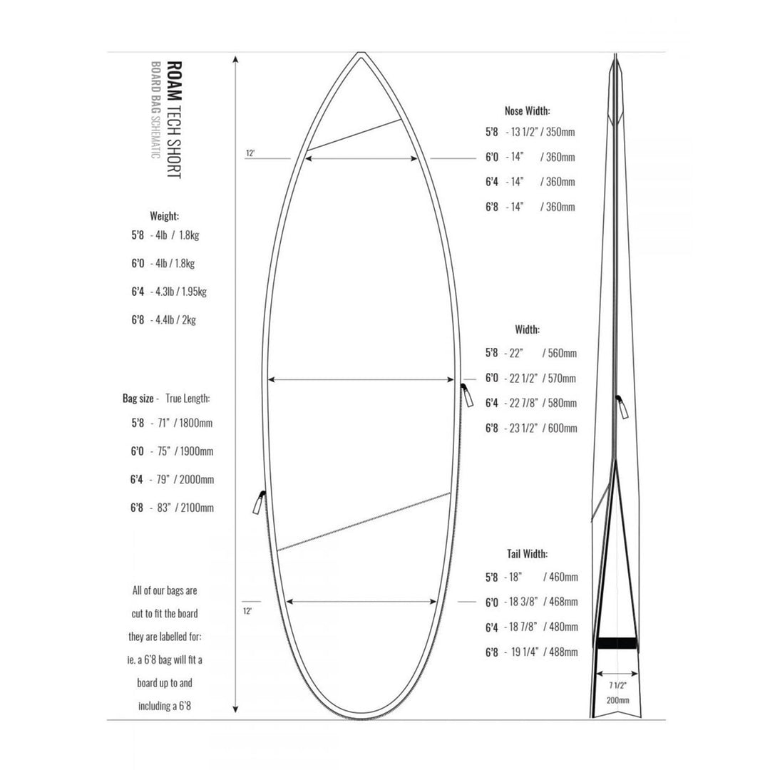 Schwarz-weißes technisches Diagramm des ROAM Boardbag Surfboard Tech Bag Short - PLUS von Roam, mit Nose, Breite, Tail (Zoll/mm), Gewicht, 10mm Polsterung, einer Seitenansicht und beschrifteten Linien zur besseren Übersicht.