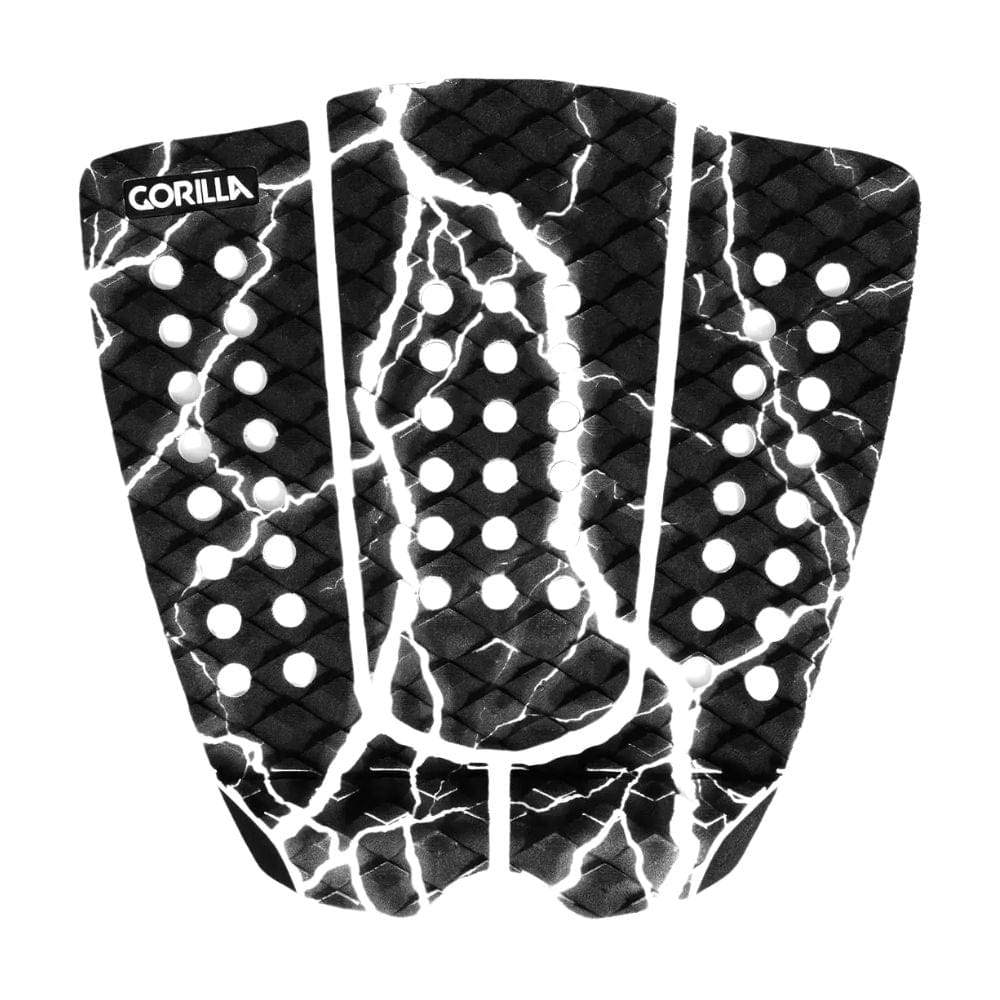 Der Gorilla Grip - Geiselmann Lightning ist ein schwarzes, dreiteiliges Tailpad mit weißem Blitzdesign, kreisförmigen Grifflöchern und strukturierter Oberfläche für mehr Kontrolle. Das Gorilla-Logo erscheint in der oberen linken Ecke.