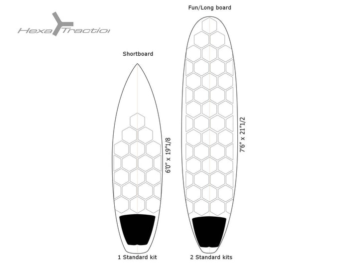 Zwei Surfboards sind nebeneinander abgebildet. Das linke ist ein Shortboard (60 x 19 1/2) mit einem RSPro HexaTraction Pad und das rechte ist ein Fun/Longboard (76 x 21 1/2) mit zwei RSPro HexaTraction Pads. Beide Boards haben die charakteristischen sechseckigen Grip Pads.