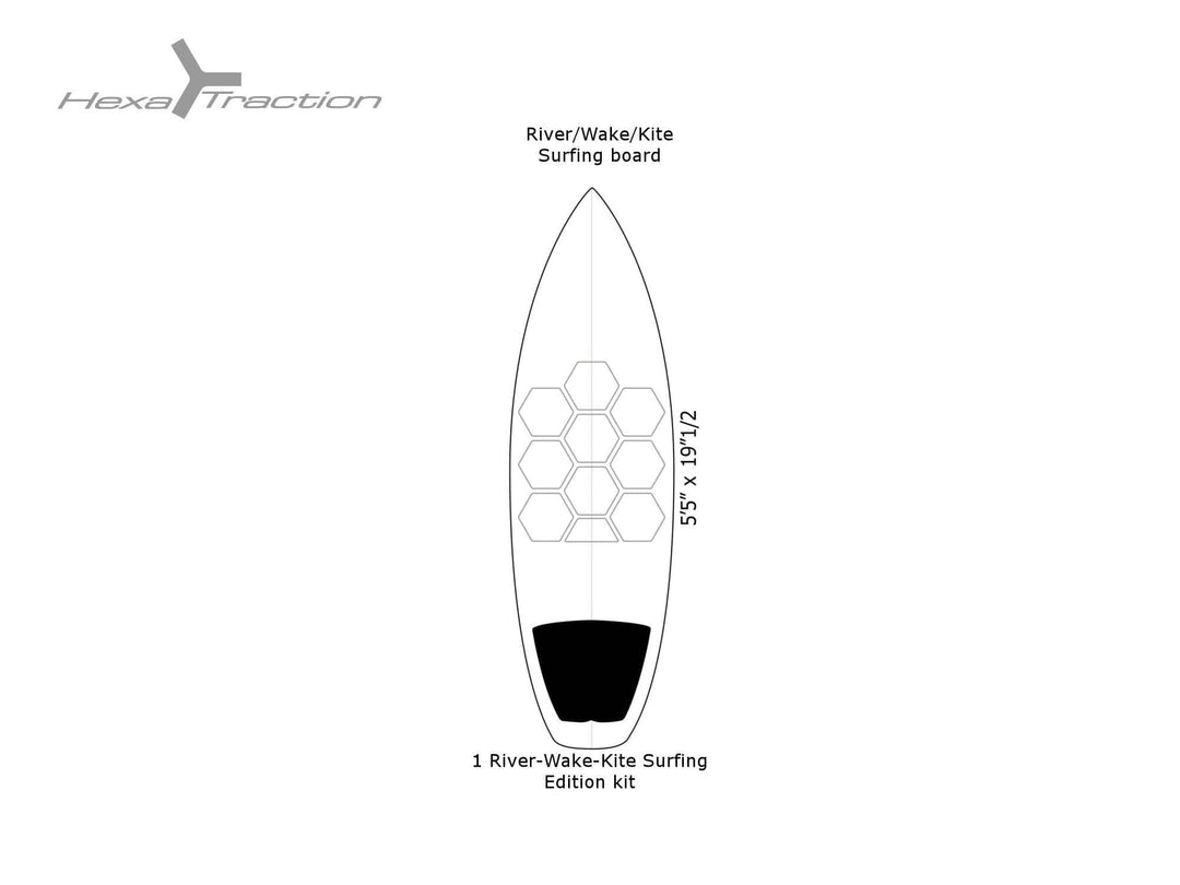 Ein Diagramm eines Surfbretts mit der Aufschrift River/Wake/Kite Surfing Board enthält RSPro HexaTraction Pads (Riversurfboard Kit / 10 Stück) und ein rechteckiges Pad. Der Text zeigt 55 x 19 x 2½ und erwähnt das Riversurfboards Edition Kit.
