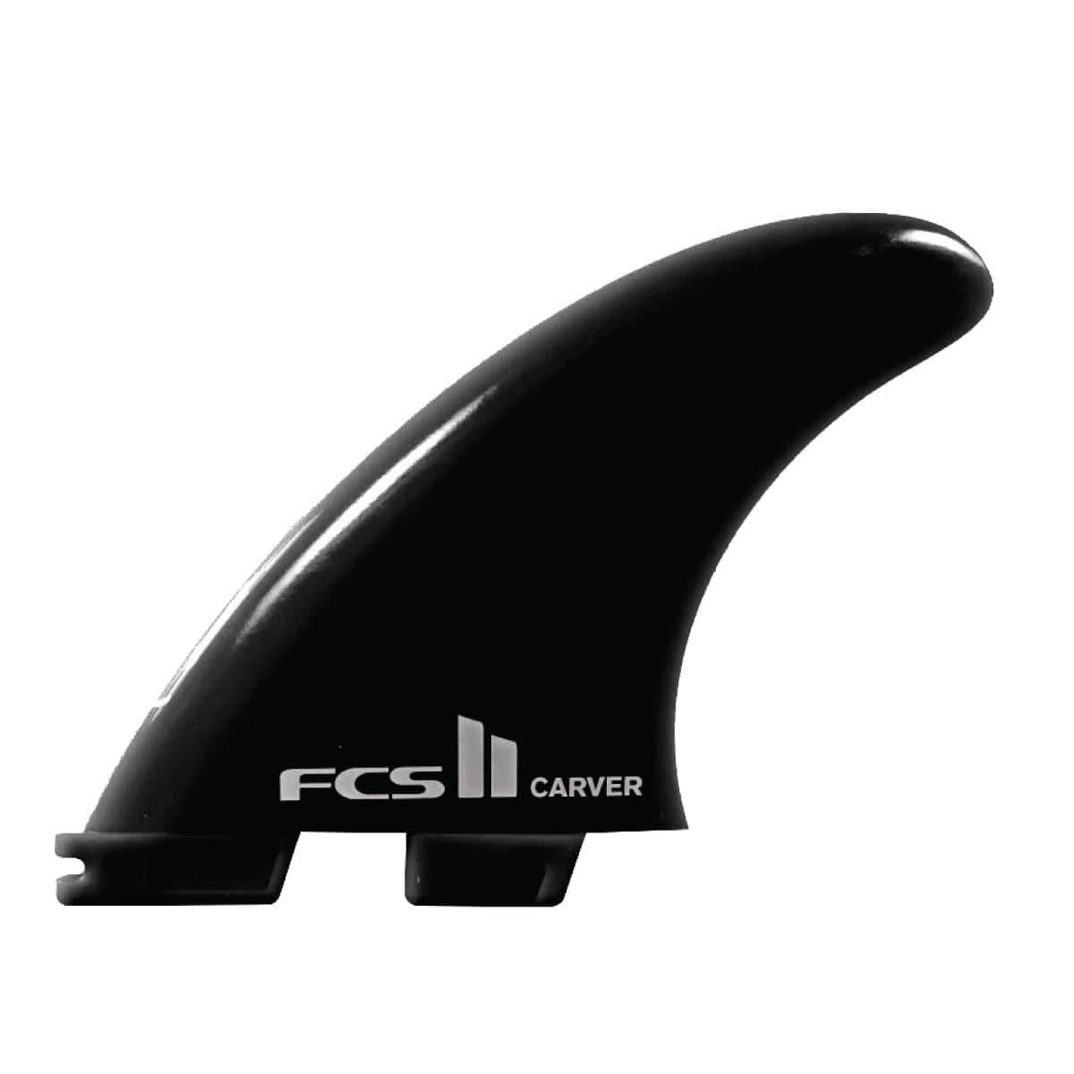 Eine einzelne schwarze FCS 2 Carver GF Tri Surfboard-Finne mit geschwungenem Design und weißem FCS-Logo wertet Ihr Tri Fin Set auf - ideal für Leistungssteigerungen. Angezeigt auf einem schlichten weißen Hintergrund.