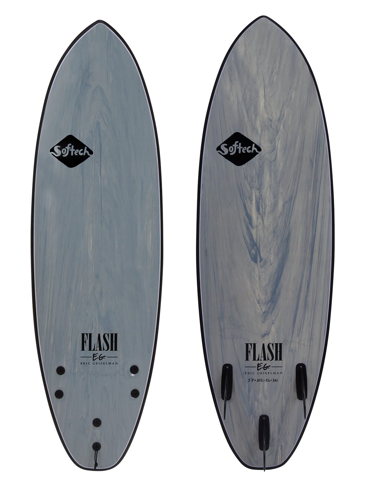 Zwei Softtech Flash Eric Geiselman 5'0 Boards von Softtech sind nebeneinander abgebildet, mit marmorierten hellblauen Decks, schwarzen Softech-Logos und schwarzen Finnen - ideal als Einsteigerboard zum Flusssurfen.