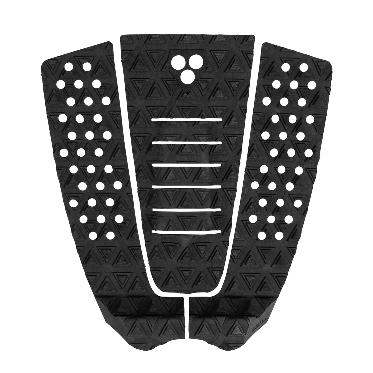 Das Gorilla Grip - The Jane Tailpad (Black) von Gorilla ist ein dreiteiliges Surfboard-Traktionspad mit strukturierten Dreiecksmustern, kreisförmigen Seitenausschnitten, einem Copperhead Arch und horizontalen Rillen auf der Mittelplatte.