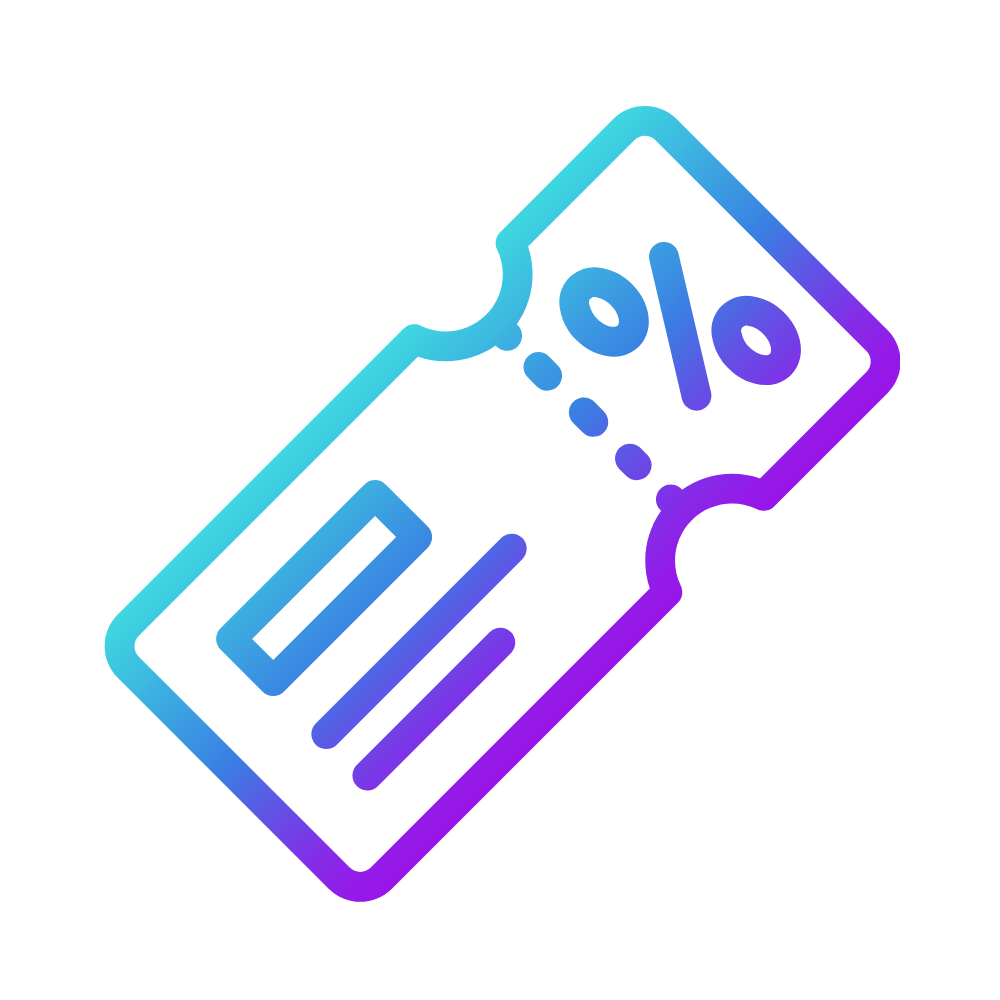 Ein blaues und lilafarbenes Ticket-Symbol mit einem Prozent-Symbol, das einen Surfshop Gutschein (print@home) von Rapid Surf Shop darstellt - ideal als Rabatt oder Last-Minute-Geschenk. Das Ticket zeigt einen perforierten Rand auf weißem Hintergrund.